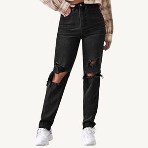 Black Ripped Mom Jeans Boyfriend Distressed Relaxed Fit